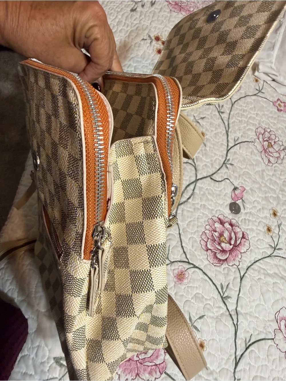 Designer inspired Cream & Beige Checkered Backpack Tan Straps Orange Zipper